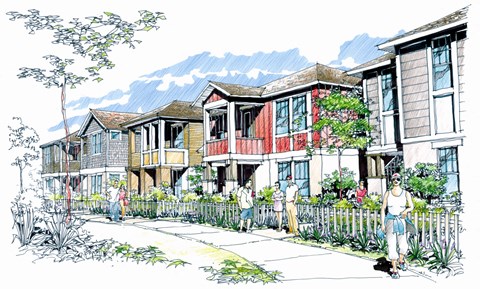 a rendering of a row of houses with people in front of them