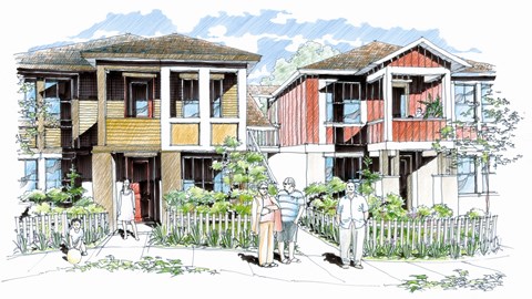 a rendering of a row of houses with people standing in front of them