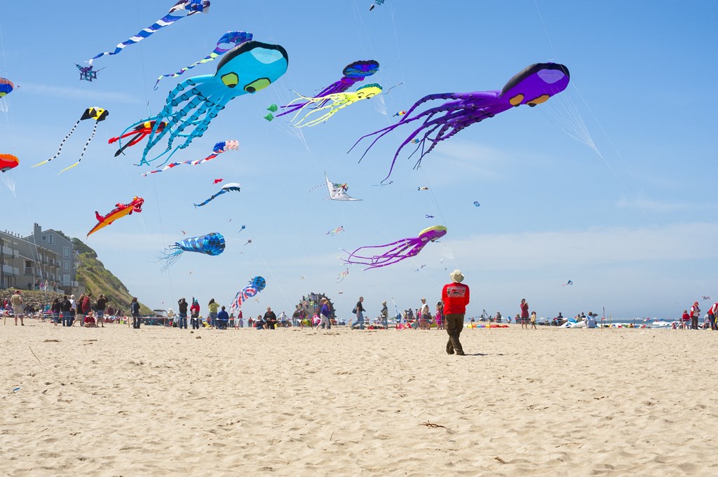 A beach scene with a person in the foreground and many kites flying in the sky.