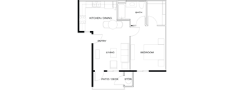 A floor plan of a house with a kitchen, dining area, living room, bedroom, bathroom, patio, and storage.