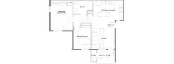 A floor plan of a house with a master bedroom, a bath, a kitchen/dining area, an entry, a second bedroom, a living room, a storage area, and a patio/deck.