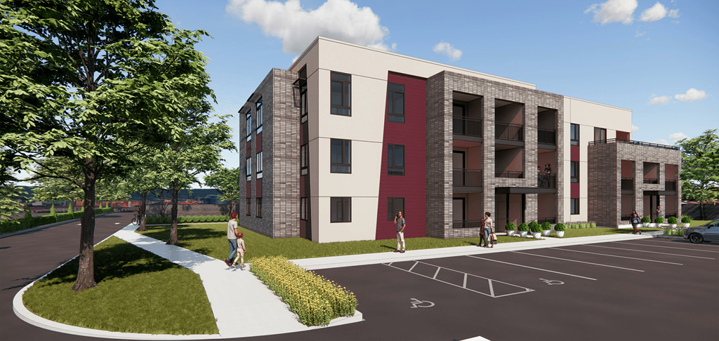a rendering of a new apartment building on a street with people walking