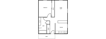 A floor plan of a house with a bedroom, living room, kitchen, bath, and patio.