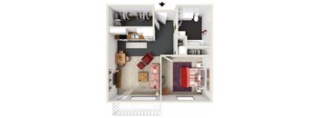 A floor plan of a small apartment with a kitchen, living room, and bathroom.