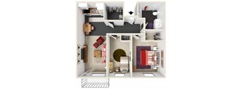 A 3D floor plan of a small apartment with a kitchen, living room, and bathroom.