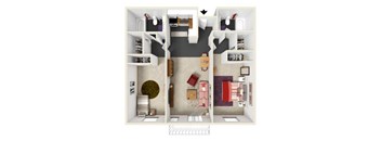 A top down view of a small apartment with a living room, kitchen, and bedroom.
