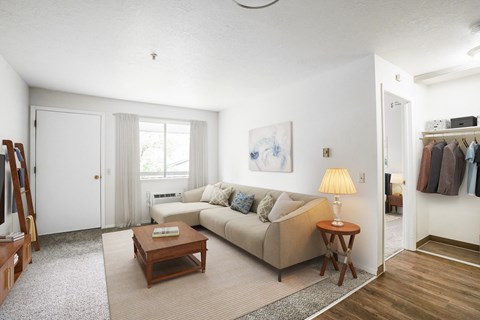 A living room with a couch, a coffee table, and a painting on the wall.
