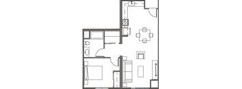 A floor plan of a house with a kitchen, living room, and bathroom.