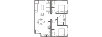 A floor plan of a house with a dining area, living room, and kitchen.
