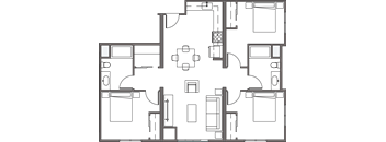 A floor plan of a house with a central open space and rooms surrounding it.