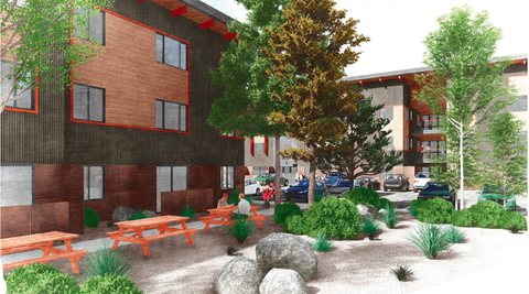 A rendering of a building with a red brick exterior and a landscaped courtyard in front.