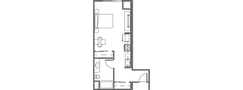 A floor plan of a house with a kitchen, living room, and two bedrooms.