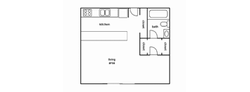 A floor plan of a small apartment with a kitchen, living area, bathroom, and two closets.