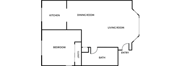 A floor plan of a house with a kitchen, dining room, living room, bedroom, bathroom, and entry.