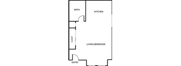 A floor plan of a room with a bath, kitchen, living/bedroom, closet, and entry.