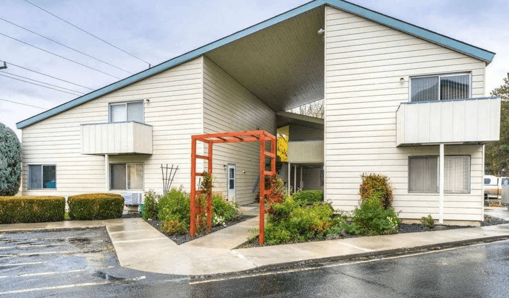 A house with a red ladder in front of it.