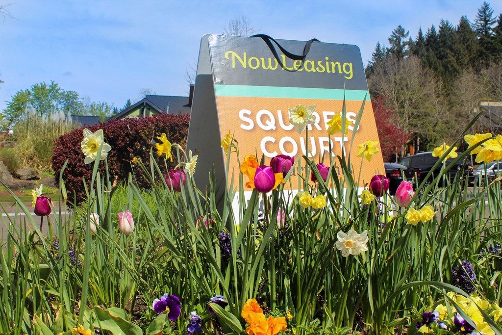 a sign that says now easing squares court in a garden with flowers