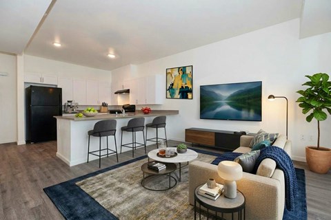A modern living room with a kitchen area in the background.