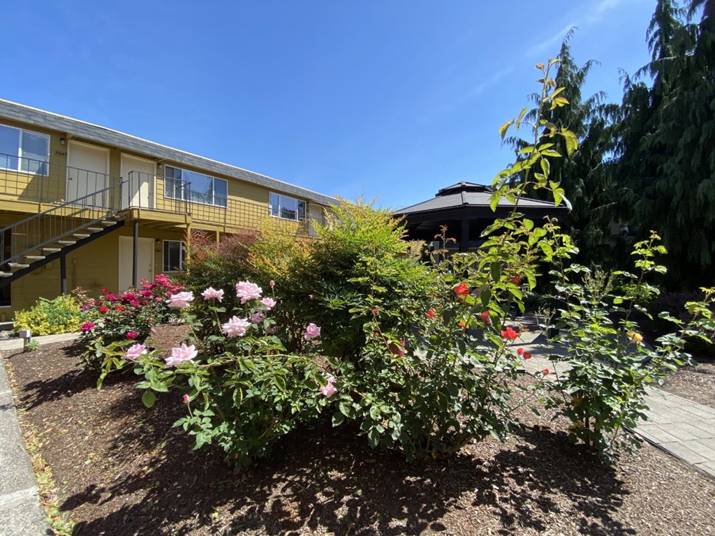 20th and Brooklyn courtyard view of flowers and gazebo