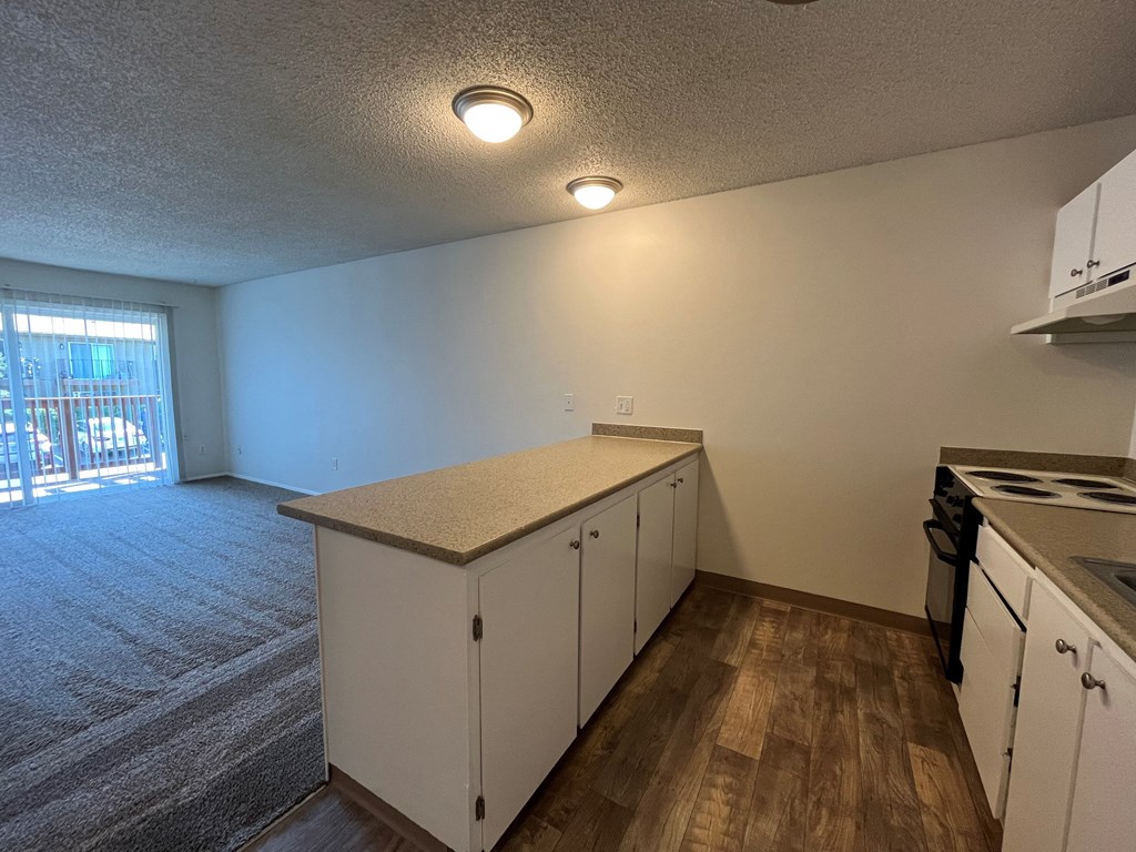 a kitchen and living room in an apartment