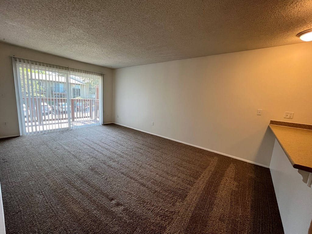 an empty living room with a sliding glass door