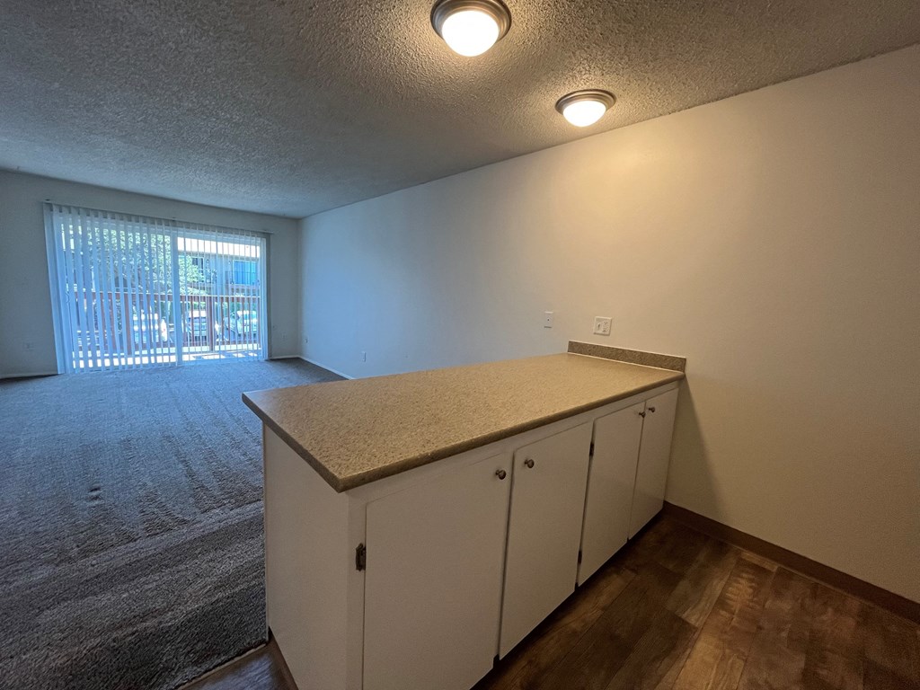 a kitchen and living room in an apartment