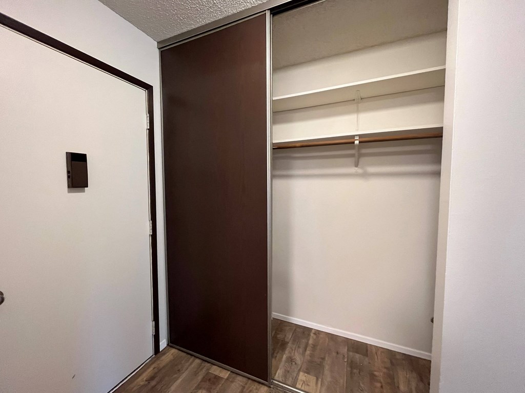 an empty room with a white wall and a brown door