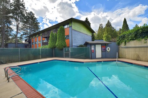 A swimming pool in front of a house.