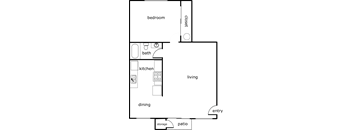 A floor plan of a living space with a bedroom, kitchen, dining area, bathroom, and patio.