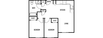 A floor plan of a house with two bedrooms, a kitchen, a bathroom, and closets.