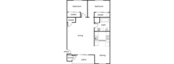 A floor plan of a house with two bedrooms, a living room, a kitchen, a bathroom, a dining area, a storage space, and a patio.