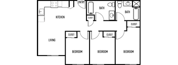 A floor plan of a house with a living room, kitchen, and three bedrooms.