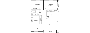 A floor plan of a house with a kitchen, dining area, and multiple bedrooms and closets.