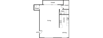 A floor plan of a house with a living room, dining room, kitchen, and bathroom.