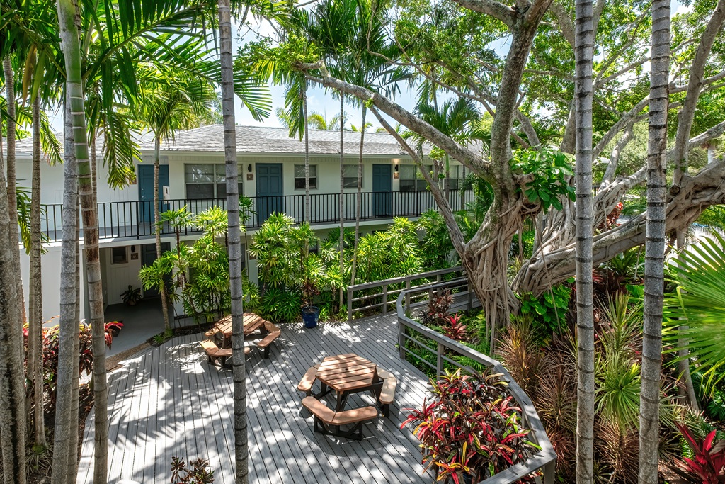 A patio with a table surrounded by trees.