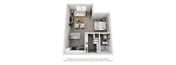 A 3D floor plan of a small apartment with a living room, kitchen, and bathroom.