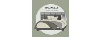 A graphic of a bed with pillows and a blanket is shown with the text "MAGNOLIA" above it and "1 Bedroom - 1 Bath - 660 sq ft" below it.