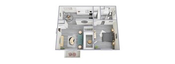 A top-down view of a small apartment with a kitchen, living room, and bathroom.