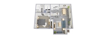 A top-down view of a modern apartment layout with a kitchen, living room, and dining area.
