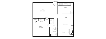 A floor plan of a house with a living room, dining room, kitchen, bedroom, and bathroom.