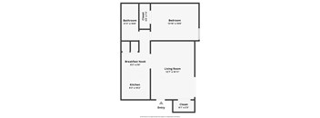 A floor plan of a house with a living room, kitchen, bathroom, bedroom, and entry closet.