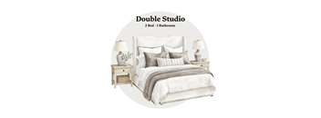 A bedroom with a bed, nightstands, and lamps.