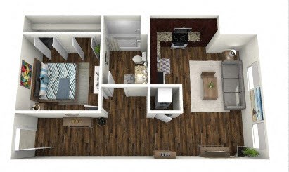 a bedroom with a wood floor