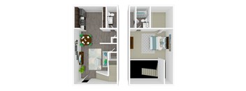 A white and grey apartment with a kitchen, living room and bathroom.