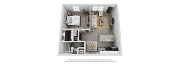A 3D rendered image of a small, modern apartment with a bedroom, bathroom, and living area.