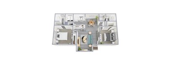 A 3D floor plan of a house with a kitchen, living room, dining room, and two bedrooms.