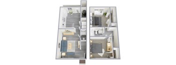 A floor plan of a two-bedroom apartment with a living room, kitchen, and bathroom.