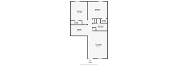 A floor plan of a house with a living room, kitchen, two bedrooms, a bathroom, and two closets.