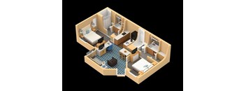 a 3d floor plan of a room with a bed and a desk
