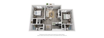 A 3D floor plan of a small apartment with two bedrooms, a living room, and a kitchen.